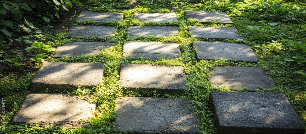 Poster overgrown concrete square slabs surrounded by grass creating a natural pathway in a lush outdoor set