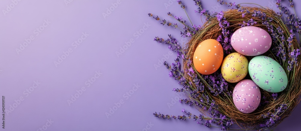Poster colorful easter eggs in a lavender nest against a violet background festive holiday design with ampl