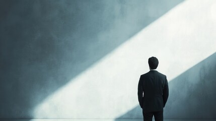 Fototapeta premium Contemplative businessman in formal attire standing in minimalist space with dramatic light symbolizing potential and success in business