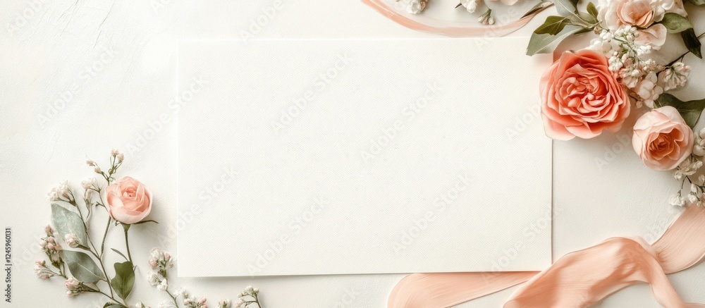 Poster elegant blank invitation card surrounded by pink roses and delicate flowers on a light background fo