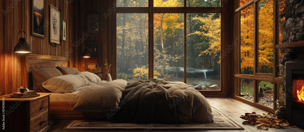 Aufkleber Cozy autumn bedroom in weekend getaway with inviting atmosphere and scenic window view featuring space for text inclusion.