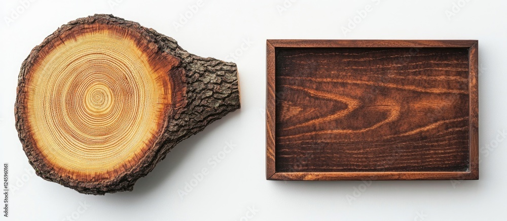 Aufkleber wooden tray beside cut tree log displaying natural grain and texture on a clean white background for