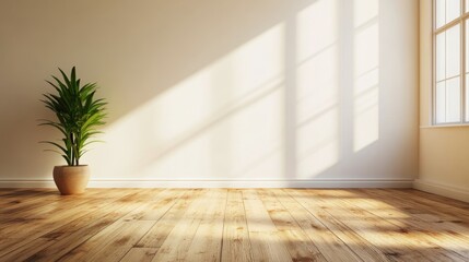 Modern minimalist bedroom interior design with wooden flooring and ample natural light featuring empty space for text and a potted plant.