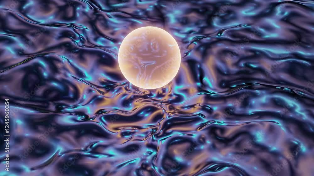 Aufkleber a glowing orb floating above a futuristic landscape with flowing waves.