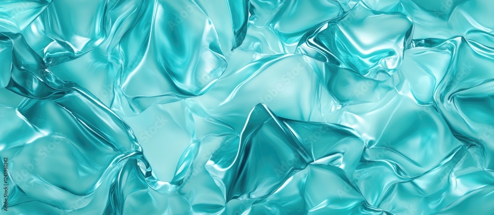 Fototapete Crumpled transparent plastic surface in cyan color creating an abstract textured background for modern design and artistic projects.