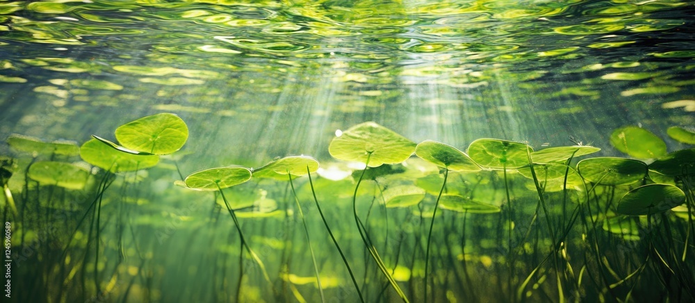 Poster underwater view of common duckweed lemna minor with sunlight rays filtering through the water creati