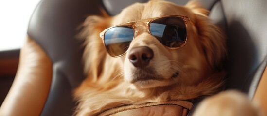 Dog in sunglasses comfortably seated with seatbelt highlighting empty space for text and a relaxed vibe in a car.