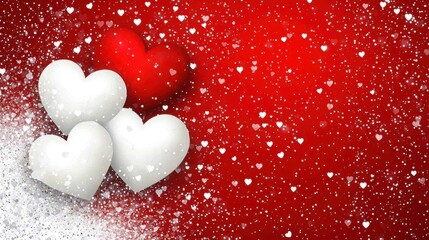 Fototapeta premium Valentine's Day Hearts: Three pristine white hearts nestled beside a vibrant red heart, adorned with a delicate scattering of tiny hearts on a rich red background.