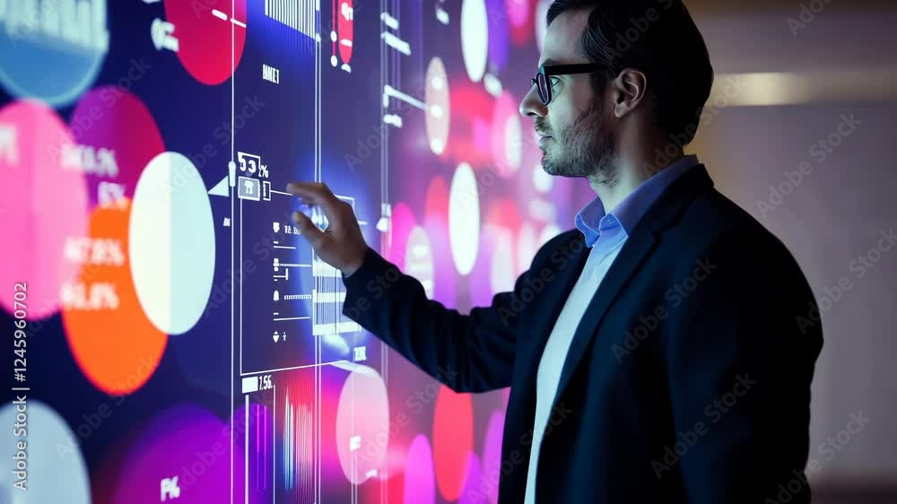 Poster interactive data visualization: man engaging with digital touchscreen display