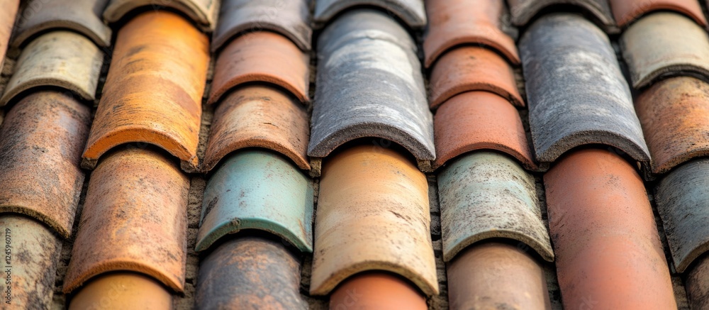 Poster close-up view of various overlapping roofing tiles in warm colors on a newly constructed building sh