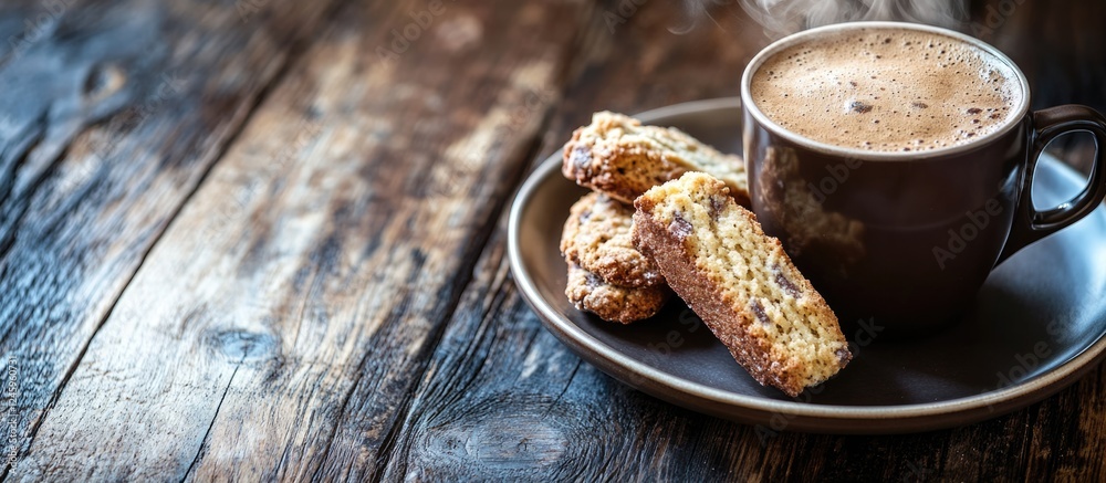 Poster Coffee cup accompanied by Cantuccini Italian cookies on a rustic dark wooden table with ample copy space for text or design elements