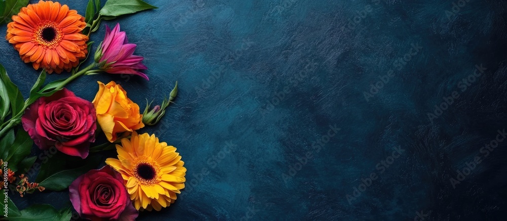 Poster colorful floral arrangement on a dark textured background with ample blank space for text or promoti