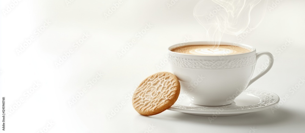 Poster steaming cup of coffee with a cookie arranged on a plate against a clean white background for a cozy