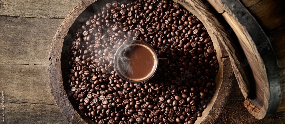 Poster coffee cup surrounded by roasted coffee beans in a wooden barrel on a rustic table top view with smo