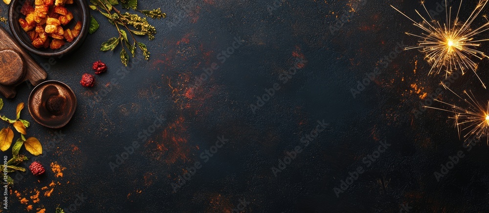 Fototapete celebratory fireworks and sparklers on dark background with decorative elements and blank space for 