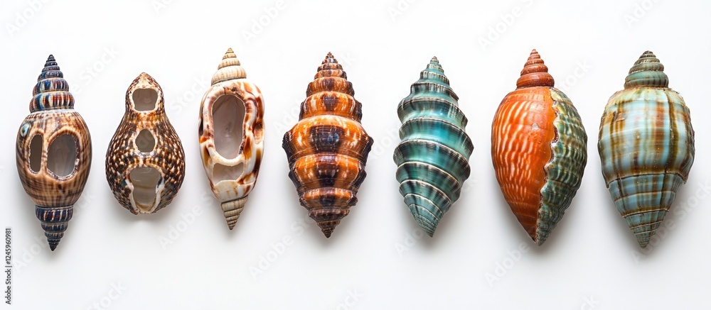 Poster Composition of colorful exotic shells arranged in a row isolated on a clean white background showcasing unique textures and patterns.