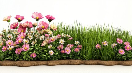 Fototapeta premium Vibrant display of blooming pink cosmos and white daisies among lush green grass in a sunny garden setting