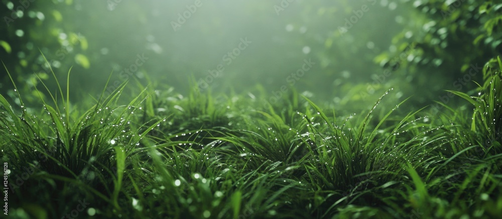 Aufkleber lush green grass texture with dew drops in a serene misty atmosphere for nature backgrounds and conc