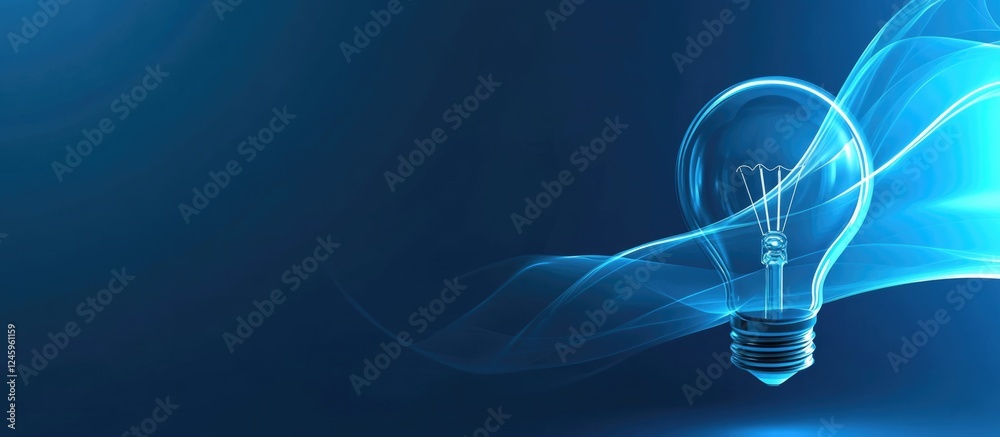 Poster innovative lightbulb concept on a blue background with flowing light, ideal for showcasing creative 