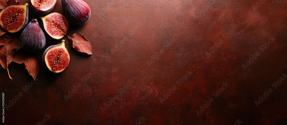 Poster Composition of whole and sliced figs with autumn leaves on rich textured background Minimalist vertical layout with ample copy space