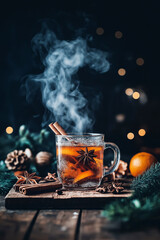 Close-up of a transparent glass mug filled with steaming mulled wine, garnished with cinnamon sticks, star anise, and orange slices, placed on a rustic wooden surface with festive holiday decorations.