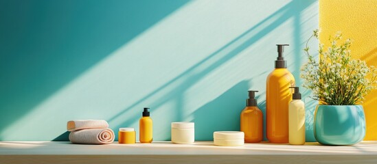 Vibrant arrangement of spa products with a soothing atmosphere and blank space for customization in wellness and beauty promotions.