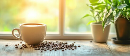 Cozy coffee moment with sunlight and plants enhancing a tranquil break atmosphere.