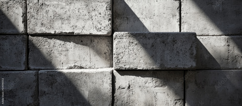 Poster Concrete block wall texture with shadows showcasing surface detail and depth for architectural or construction background use.