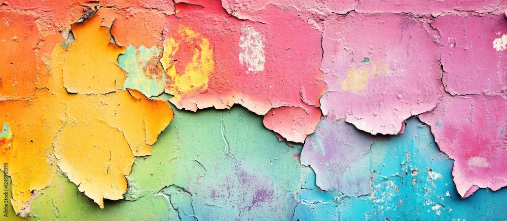 Poster vibrant peeling paint texture in a colorful gradient for architectural and artistic backgrounds.