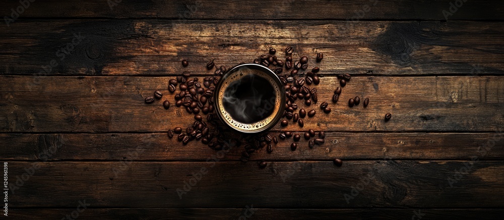 Poster cup of rich black coffee surrounded by coffee beans on rustic wooden background with ample copy spac
