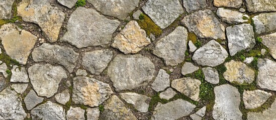 Obraz premium Close-up view of weathered cobblestone street texture featuring moss and various stone shapes in northern Germany.