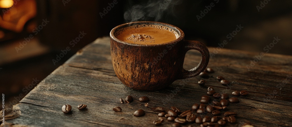 Poster rustic cup of steaming coffee on wooden surface with scattered coffee beans creating a warm and invi