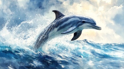 Obraz premium Dolphin leaping from ocean waves under a dramatic sky.