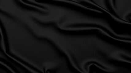 Fototapeta premium Black silk satin surface. Dark elegant background with space for design. Text or product. Table top view. Flat lay. Template. Empty. Creases in fabric. Folds. Generative AI
