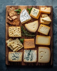 cheese assortment featuring brie, camembert, and parmesan on blue background . creamy, aged, and artisan varieties. A perfect snack or appetizer for a culinary delight.