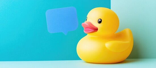 Charming yellow rubber duck with a blue speech bubble on a pastel background conveying playfulness and communication in a whimsical setting
