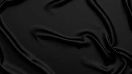 Fototapeta premium Black silk satin surface. Dark elegant background with space for design. Text or product. Table top view. Flat lay. Template. Empty. Creases in fabric. Folds. Generative AI