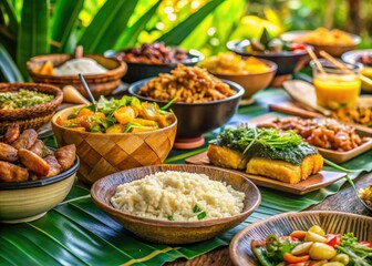 Fototapeta premium Savor a vintage Filipino feast! Laing and succulent pork belly await at our al fresco buffet for 25.