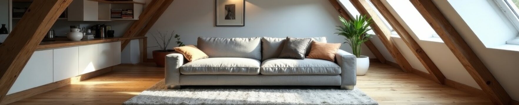 Grey sofa in airy attic living space, beams visible, apartment, sunlight