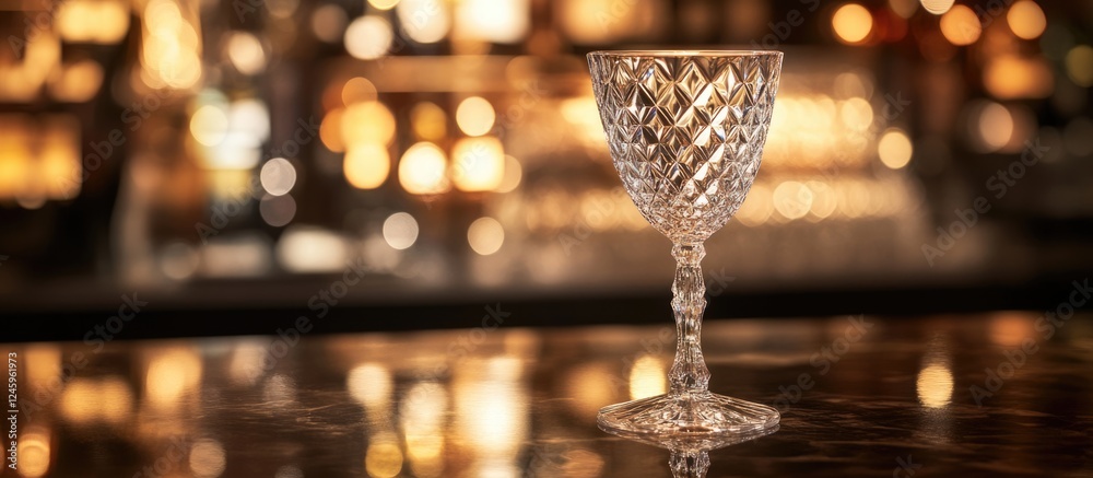 Aufkleber Elegant crystal wine glass illuminated in a stylish bar setting with a blurred bokeh background for a sophisticated ambiance.