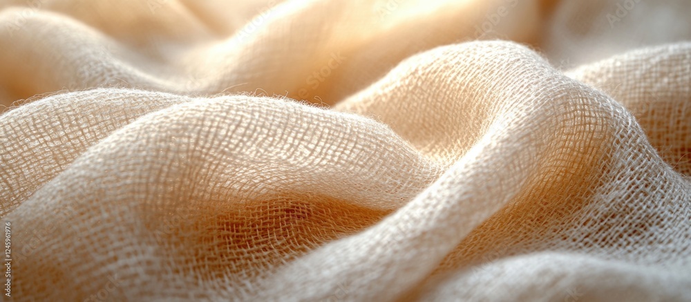 Poster Delicate crumpled fabric texture in soft beige and warm light creating an elegant and soothing background for design projects
