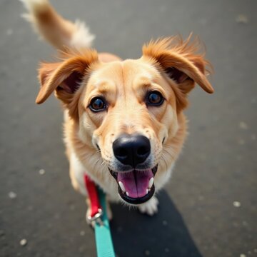 Dog on leash, viewed from above, simple design , dog, simple