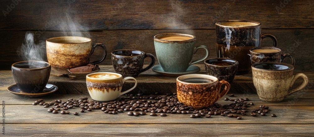 Poster Coffee composition with steaming cups and beans arranged on rustic wooden surface creating a warm, inviting atmosphere for coffee lovers.
