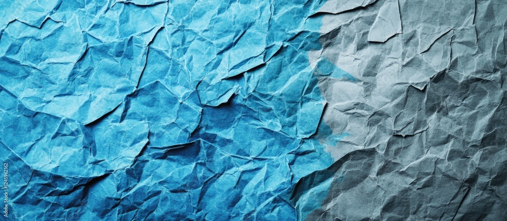 Fototapete Crumpled blue and gray paper texture background with ample blank space for creative text design and artistic presentations