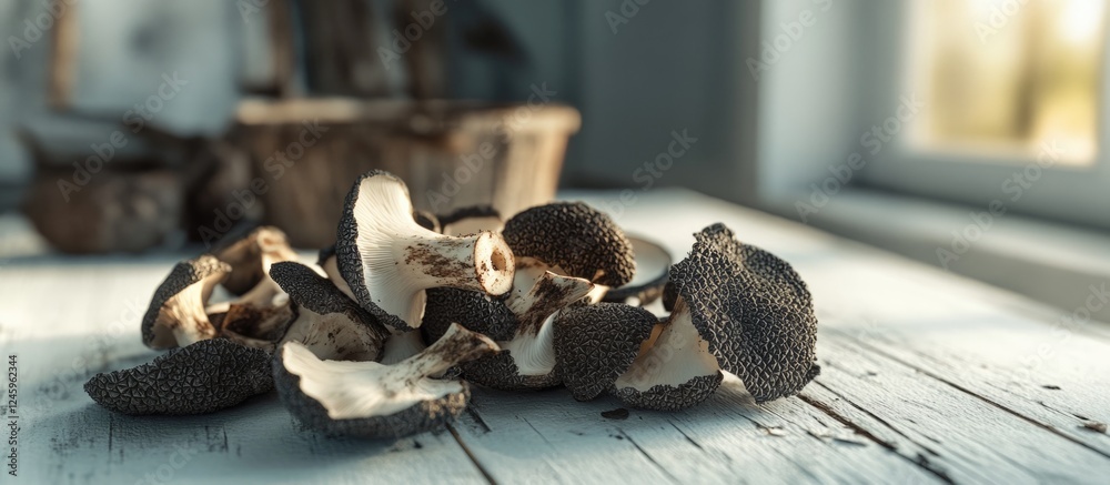 Poster cut black truffles arranged on a rustic white table with a soft focus highlighting texture and detai