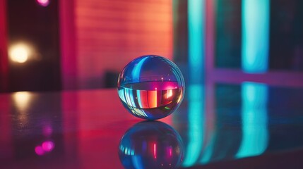 Colorful disco ball on reflective table with vibrant light patterns and ample empty space for creative text or design elements