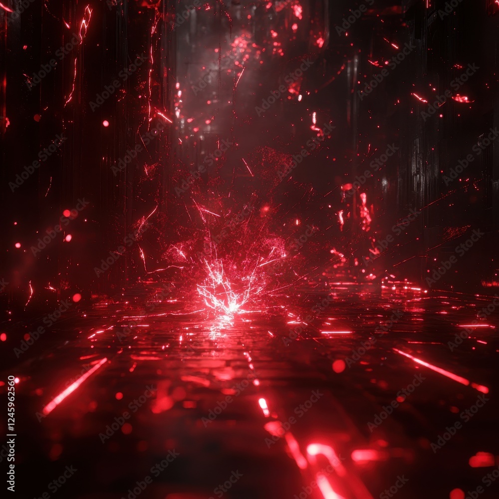 Poster red light illuminating floor with electric sparks in a dark environment creating a vibrant visual ef