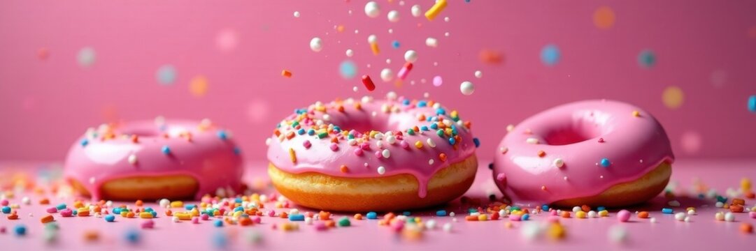 Rainbow sprinkles shower falling donuts, dark pink, bakery, sprinkles, treats