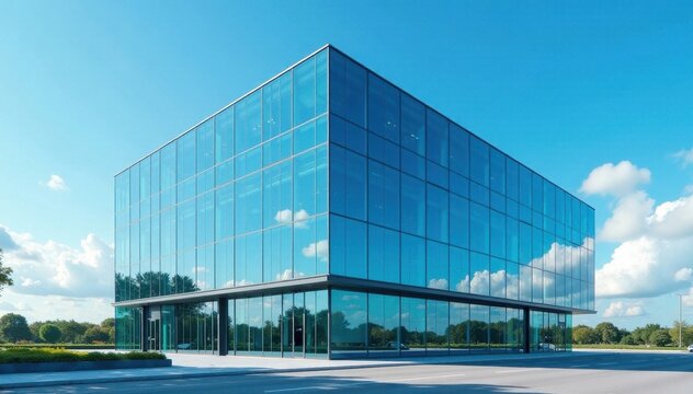 Modern glass office building against vibrant blue sky, clean, construction, city