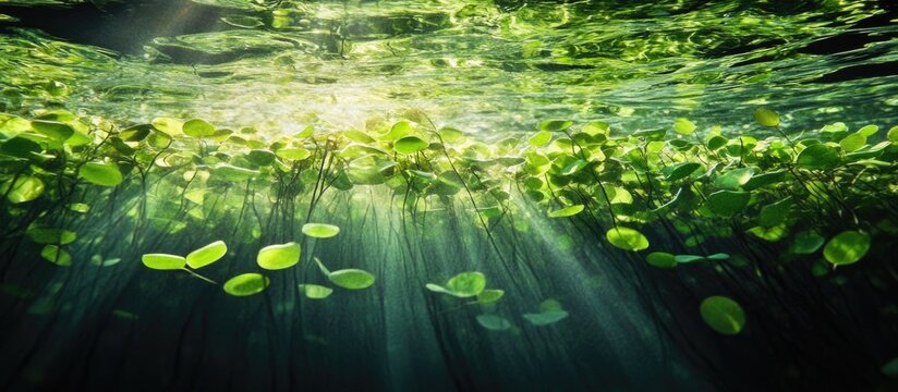 Lemna minor aquatic plant thriving in sunlight reflecting on tranquil water surface with lush green foliage and gentle light rays.